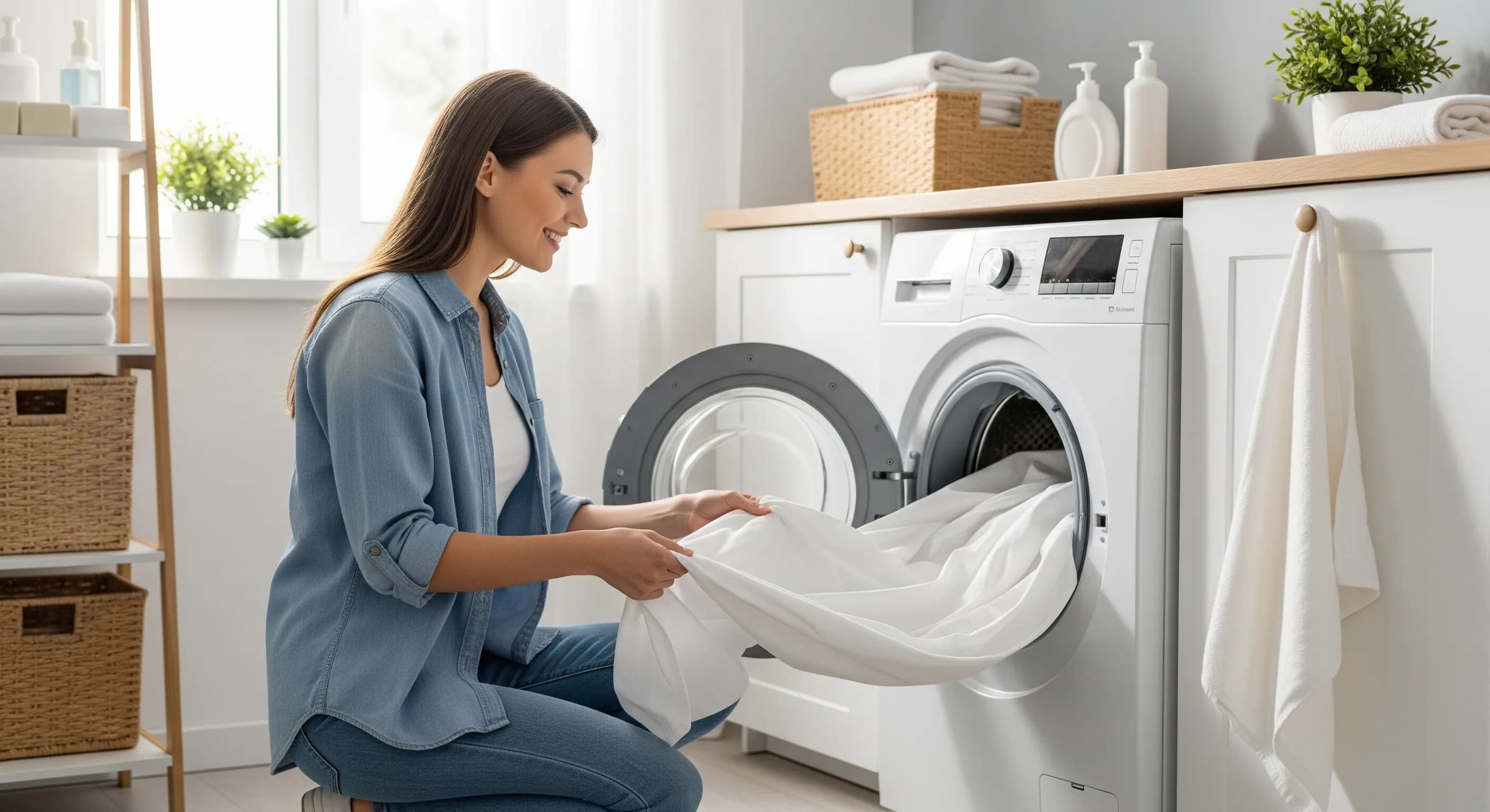 Modern washing machine with neatly folded laundry.